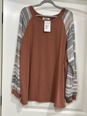Haptics Women's Rust Long Sleeve Raglan Top with Striped Sleeves